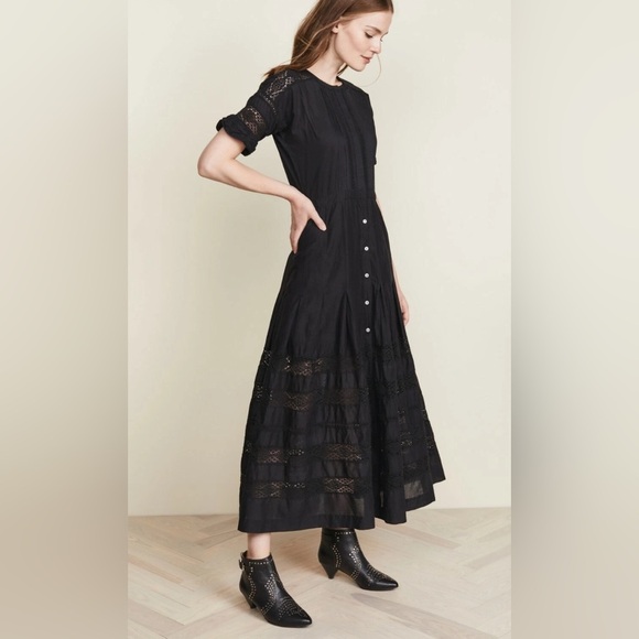 LOVE SHACK FANCY Black Edie Cotton Poplin Lace Button-Down Shirt Dress S B1670 - Picture 4 of 7